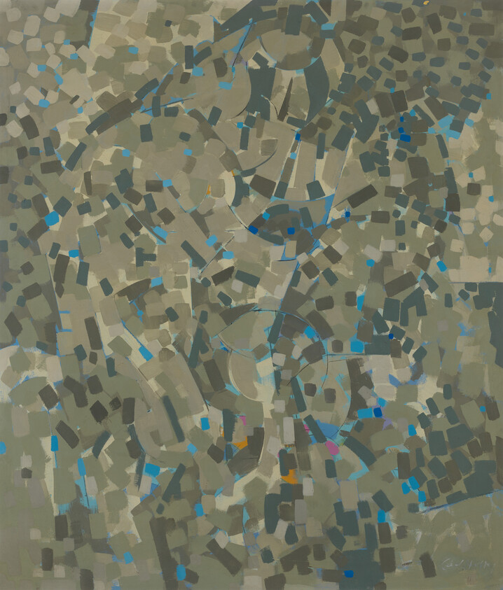 Muted green-gray mosaic of small rectangles and blue accents suggesting swirling circular patterns across the canvas.