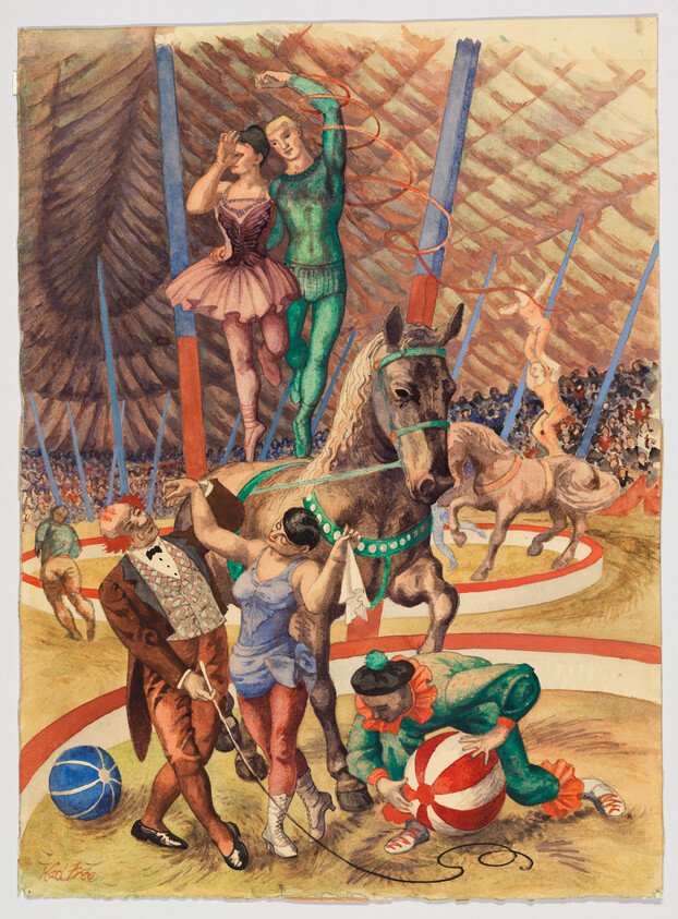 Two acrobats balancing on a horse while clowns and performers entertain a packed circus ring.