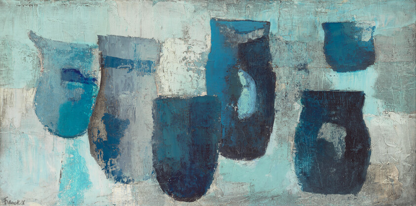 Several overlapping blue and teal abstract jug shapes on a textured pale background.
