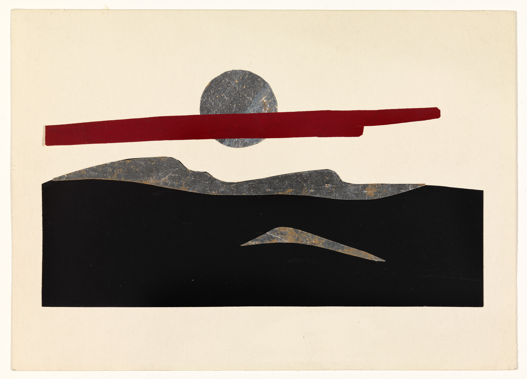 A red bar above a silver circle over a black abstract landscape with a small silver hill.