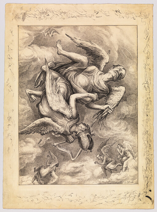 Angels falling through clouds, one clutching a broken harp and a helmet.