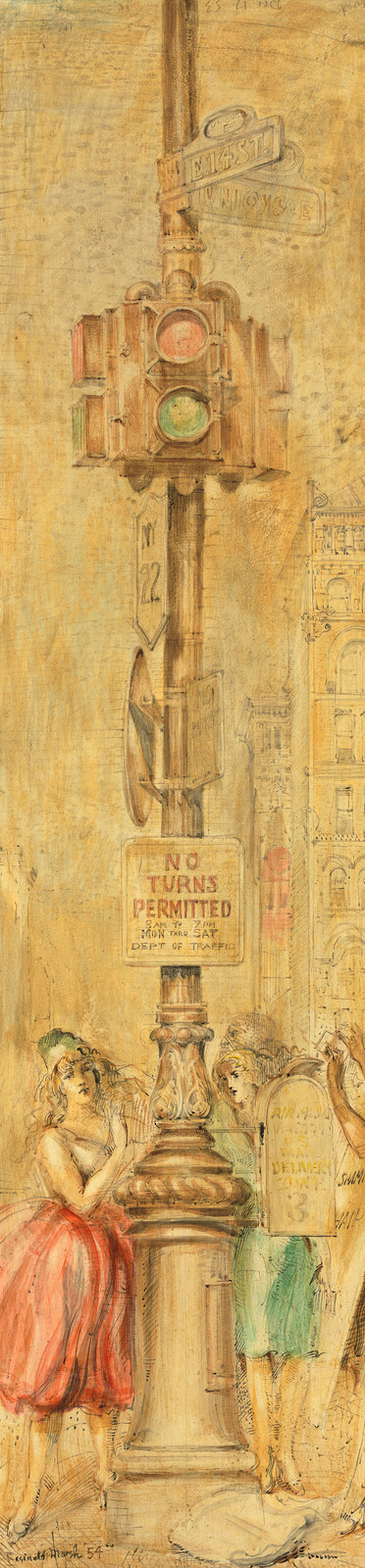 Traffic signal and "No Turns Permitted" sign on a pole with two women standing nearby.