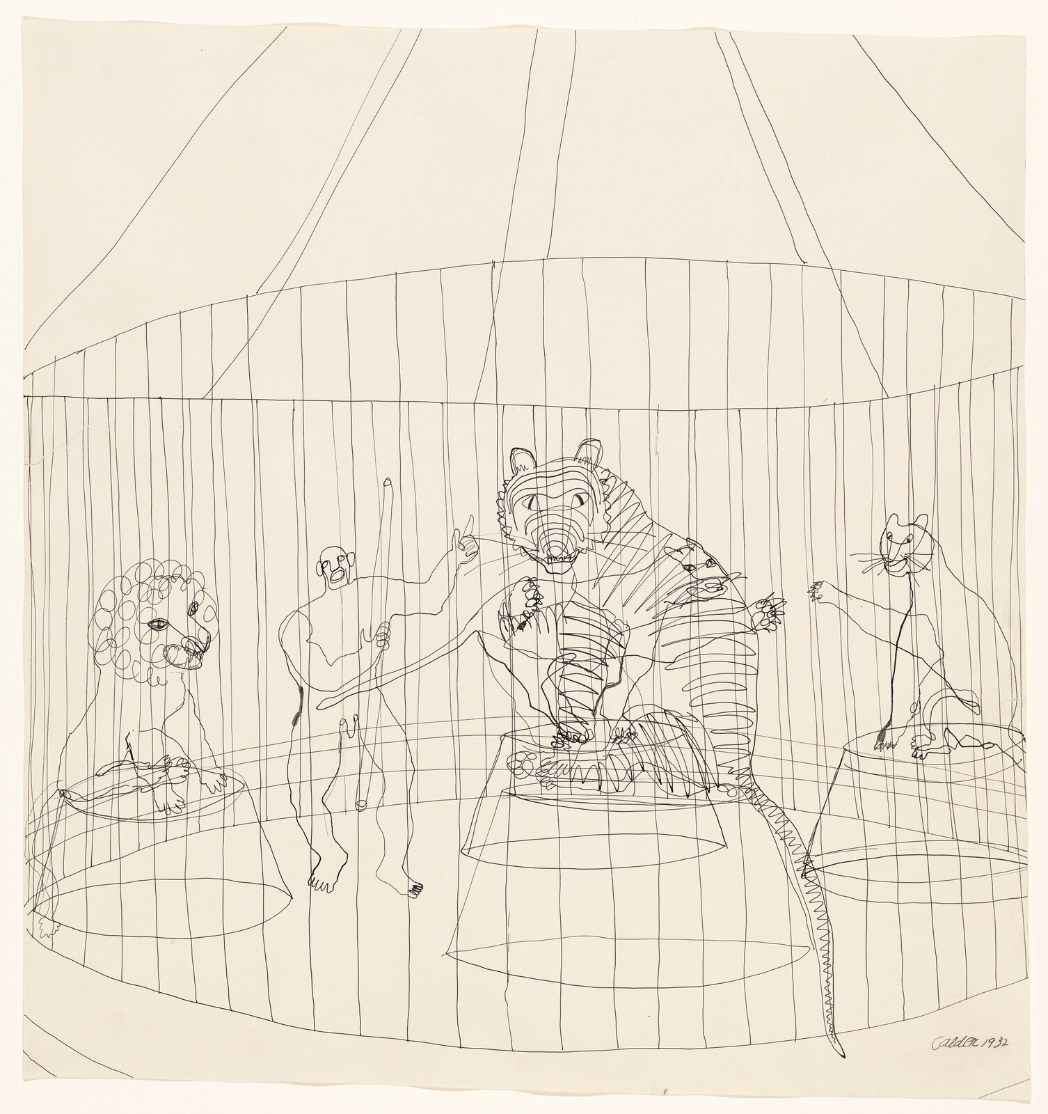 A circus performer stands inside a large barred cage with a lion, tiger, and panther.