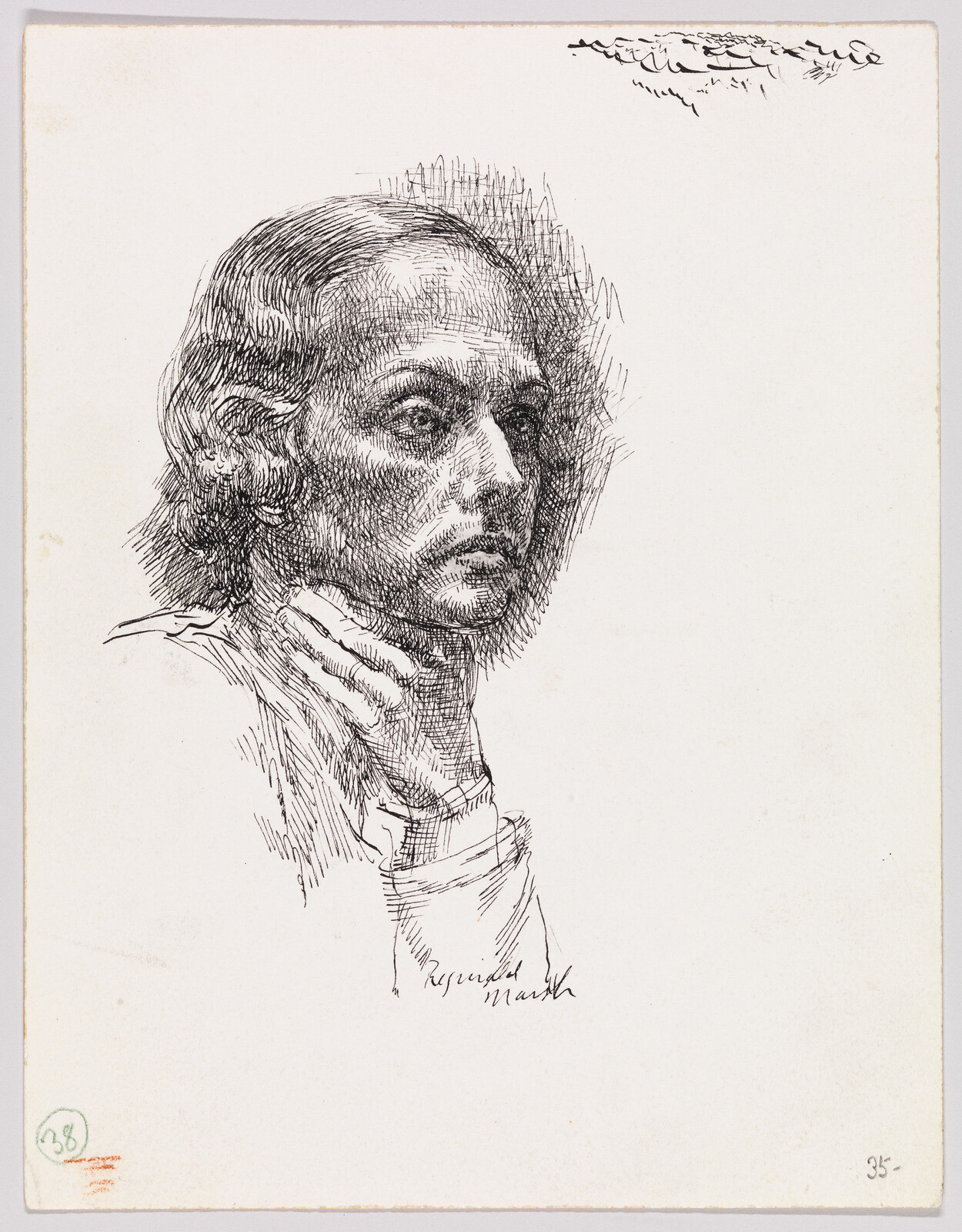 A detailed pen sketch of a thoughtful man resting his hand on his chin.