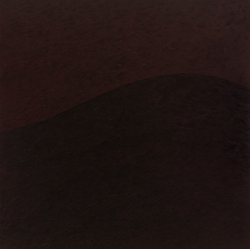 Dark rounded hill silhouette under a dim reddish sky with subtle texture.