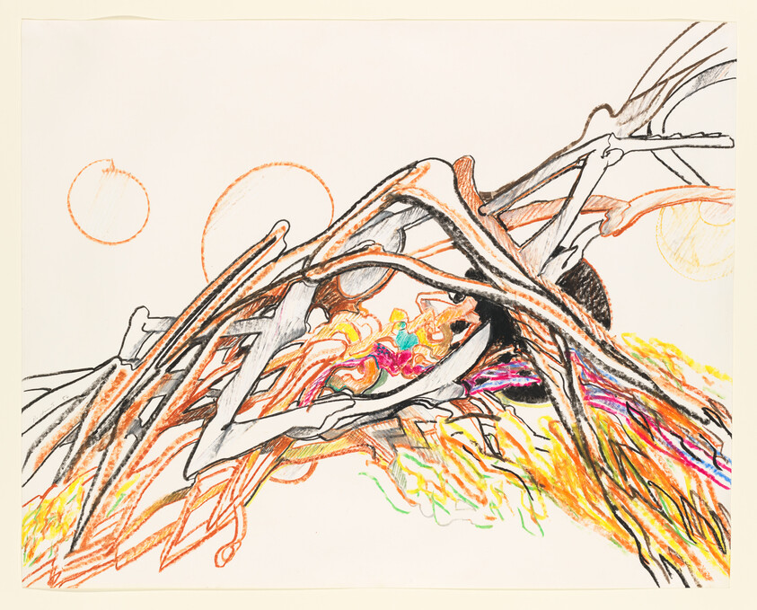 Tangled tree branches arch over a colorful flowing mass with circular sun shapes in the background.