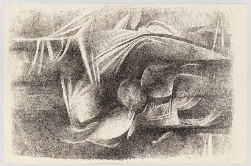 A reclining abstract figure surrounded by curved organic shapes and sweeping lines.