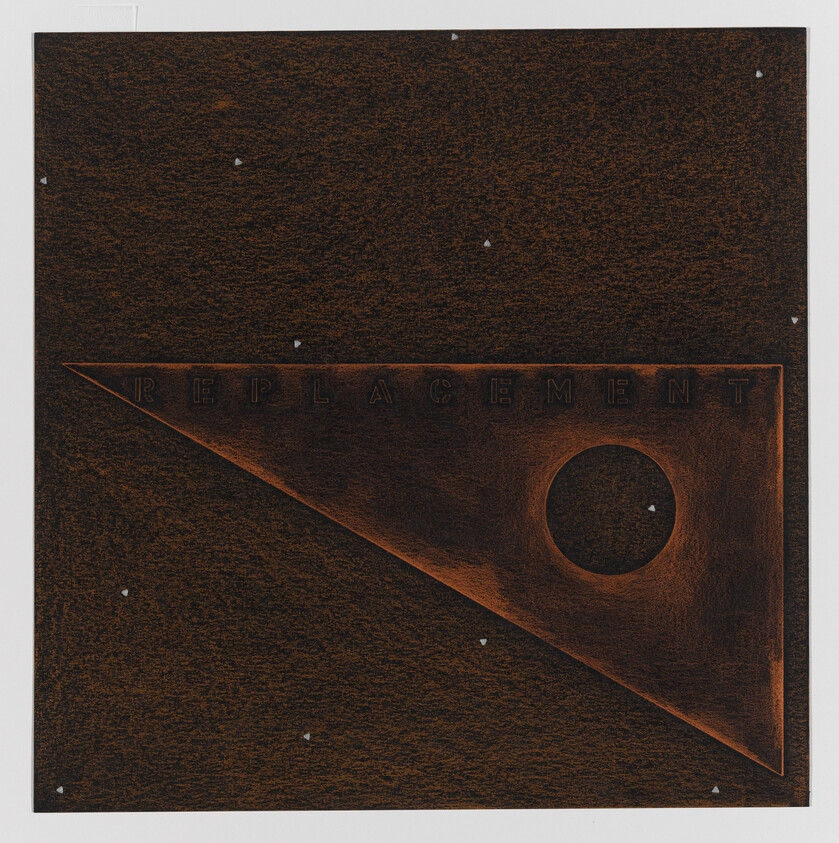 Dark textured square with a diagonal triangle panel, circular cutout, and the word "REPLACEMENT."