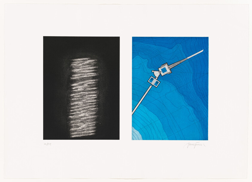 Two side-by-side panels: a vertical white chalk column on black and a pier over blue water.