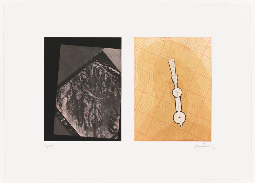 Two side-by-side map panels: a black-and-white aerial terrain photo and an orange contour map with a measuring instrument.