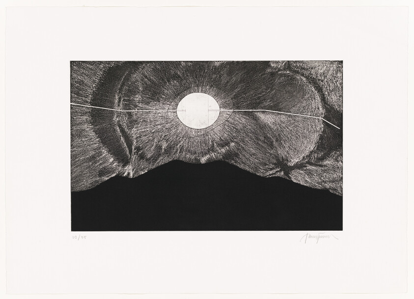 A dark mountain silhouette under a bright circular sun with textured sky and a thin horizontal line.