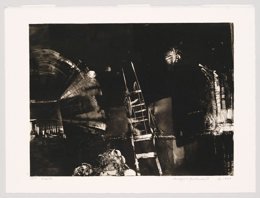 A black and white abstract print with dark, textured areas and contrasting light spaces that create an impression of depth and movement. There are ladder-like structures and circular patterns that suggest an industrial or mechanical theme. The bottom left corner has handwritten text "MIT Oracle," and the bottom right corner has the artist's signature and the year 1999.