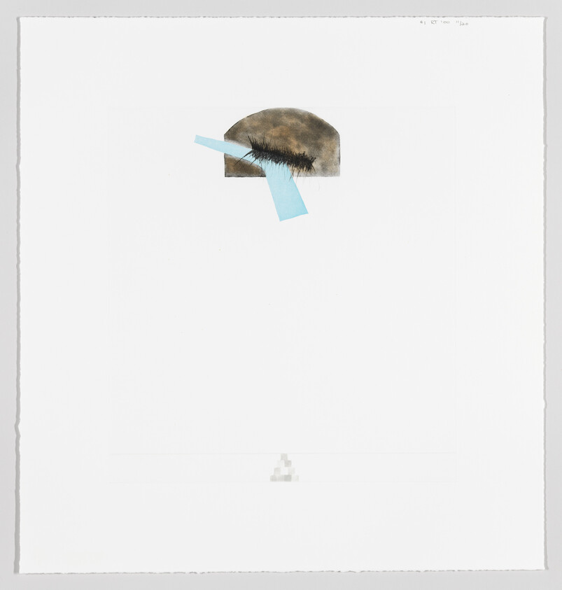 A minimalist artwork featuring a semi-circular brown and black fur texture with two pieces of light blue tape on a white background. The composition is centered towards the top of the image, leaving a large expanse of white space around it.