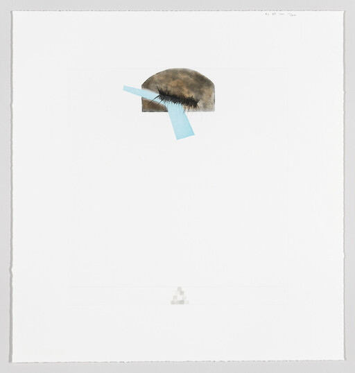 Small abstract composition with brown semicircle, dark spiky line, and two overlapping blue strips.