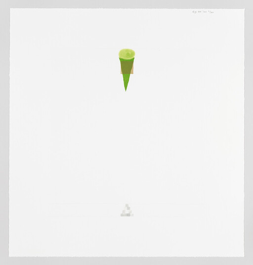 Small green cone-shaped abstract form centered near the top of a large white page.