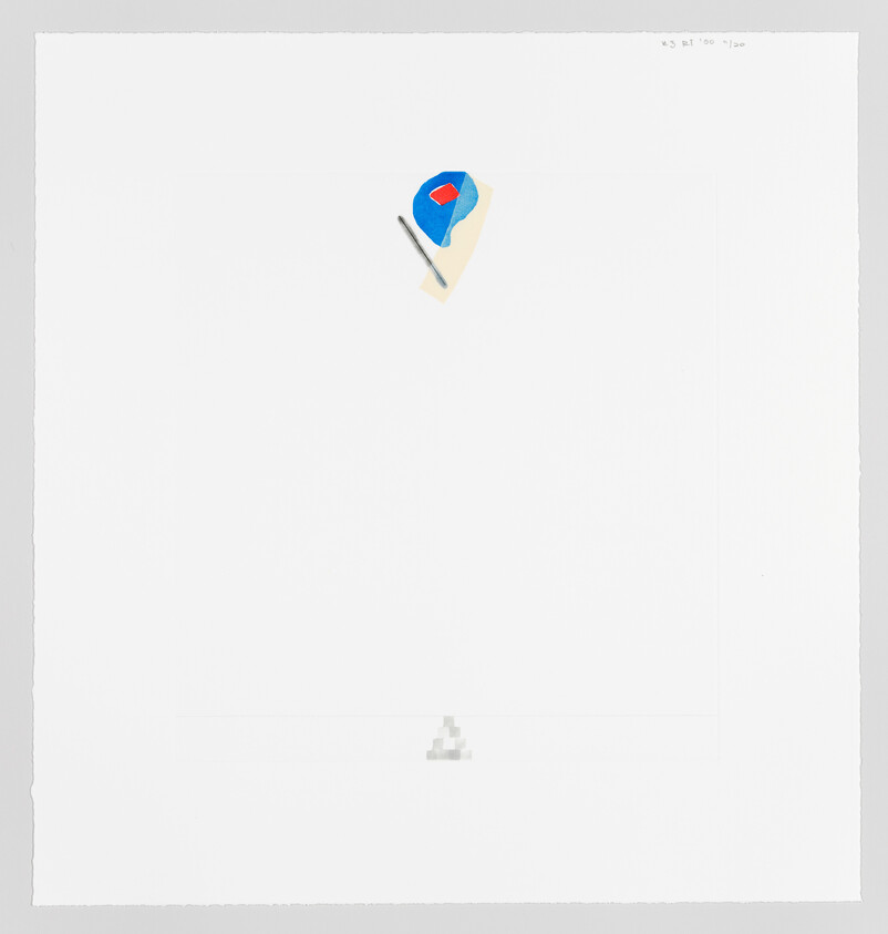 A minimalist artwork featuring a small, colorful pushpin placed near the top center of a large, white, blank canvas. The pushpin has a blue top with a red center and is angled slightly to the left. The canvas appears to be mounted on a wall with a faint shadow cast below, suggesting a three-dimensional perspective. The image conveys a sense of simplicity and isolation.