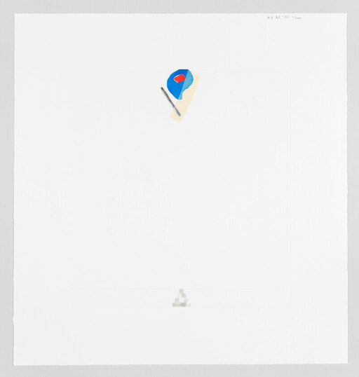 Small abstract blue and red shape with a diagonal gray line centered near the top of a white page.