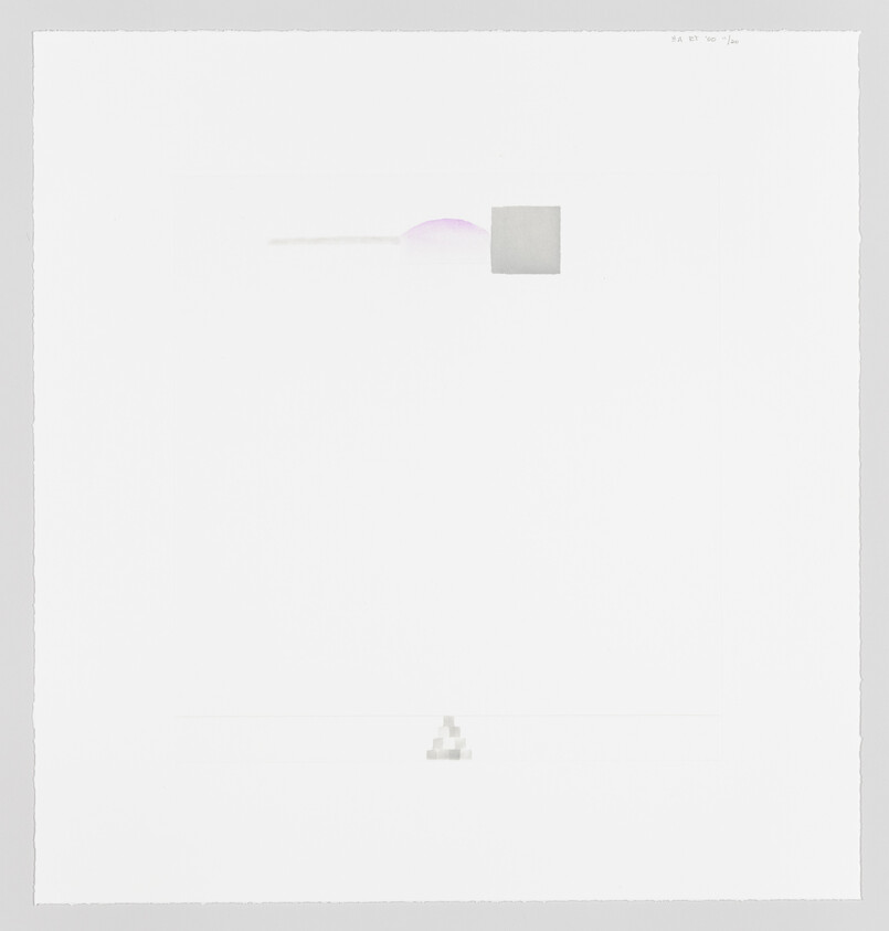 A minimalist artwork with a large white background featuring a small purple smudge on the left, a grey square in the center, and a tiny pyramid-like structure at the bottom.