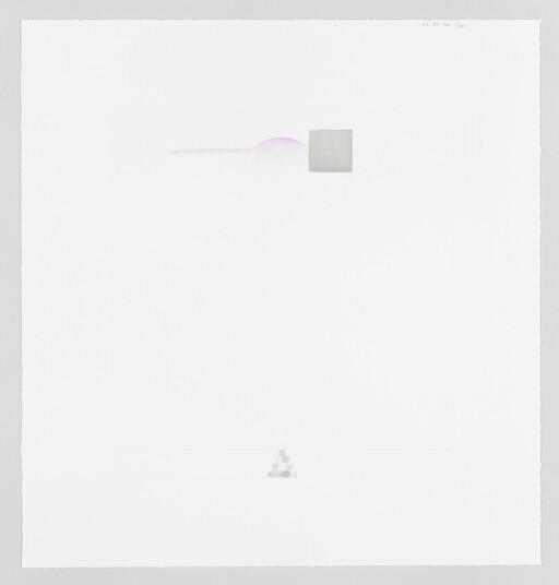 Minimalist white composition with a small gray square and pale purple semicircle near the top and tiny stacked squares below.