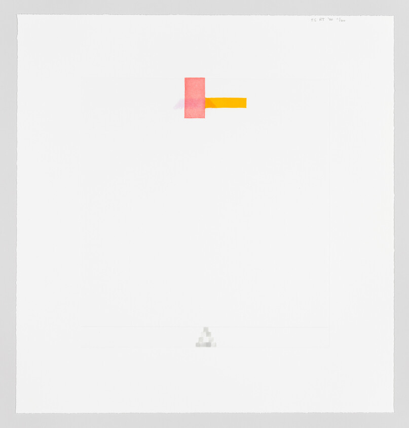 Minimalist artwork with a small red and yellow rectangular shape in the upper left corner on a white background.