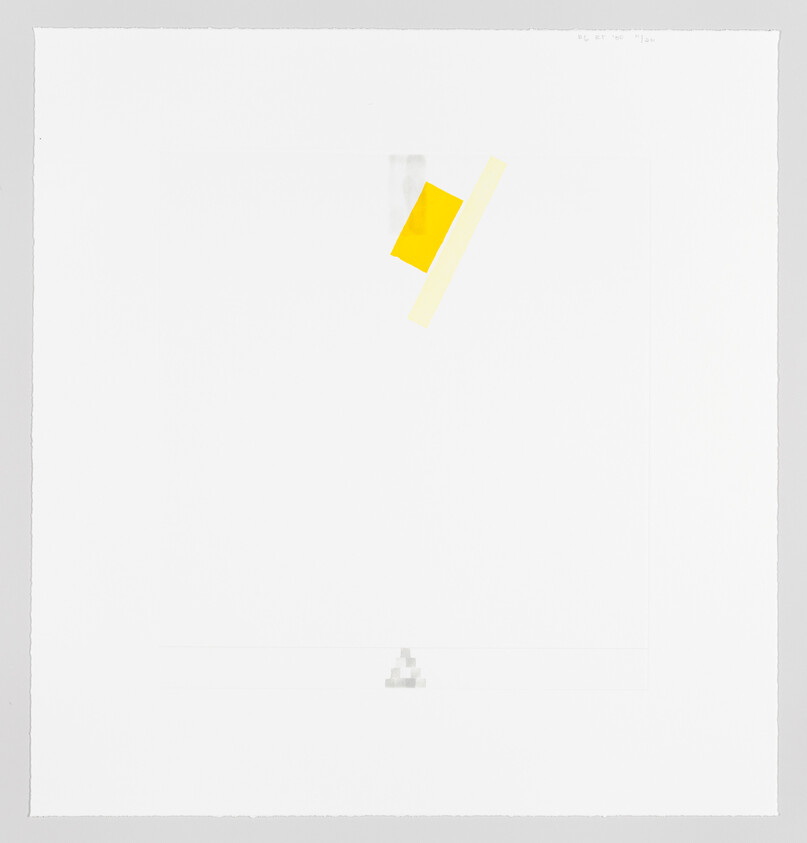 A minimalist artwork with a large white background featuring a small, bright yellow square partially overlapped by a pale yellow strip, both positioned near the center of the composition.