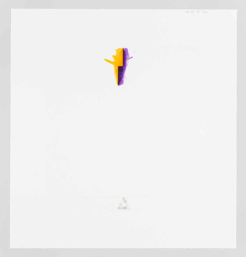 A minimalist artwork featuring a small, abstract splash of orange and purple paint in the center of a large, white canvas.