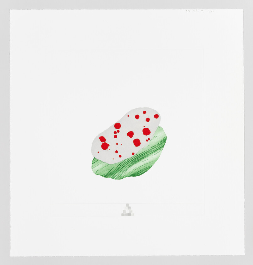 A minimalist artwork featuring an abstract form with red dots on a white background, resting on a green brushstroke, all centered on a white canvas with a small signature at the bottom right corner.