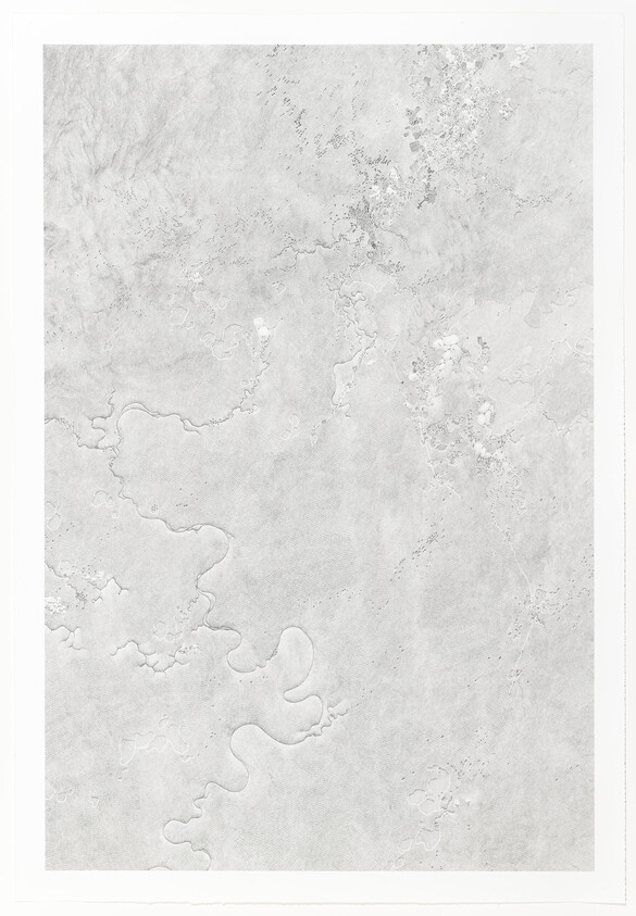 Light gray textured paper with subtle organic stains and meandering water-like patterns.