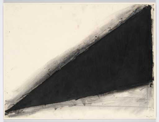 A large black triangular brushstroke dominates the paper with soft gray smudges along its edges.