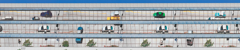 Long glass facade reflecting rows of cars parked along a sidewalk with several pedestrians.