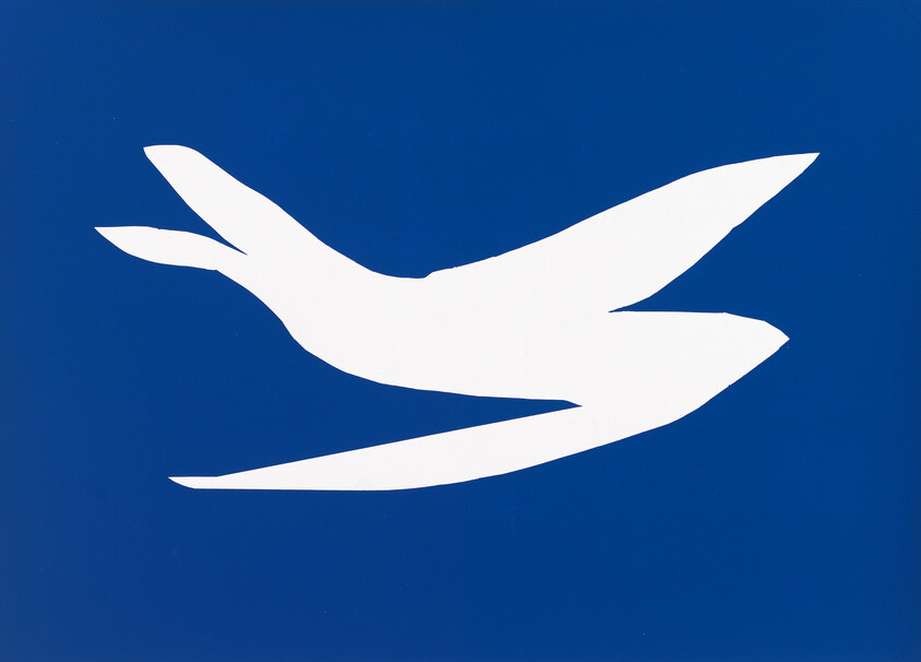 A white stylized bird silhouette flying against a solid blue background.