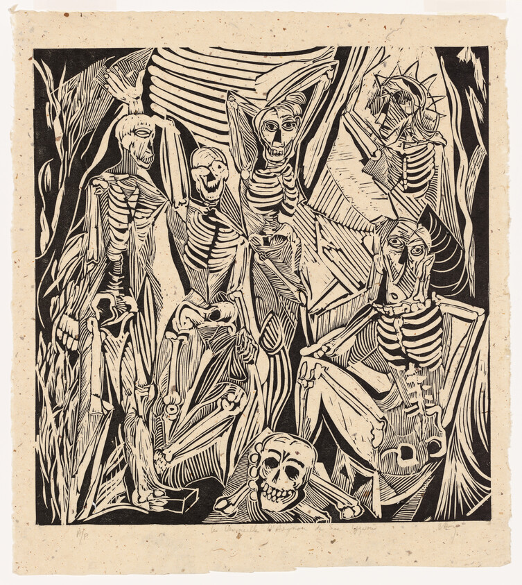 A group of expressive skeletal figures arranged closely in a bold, woodcut-style composition.