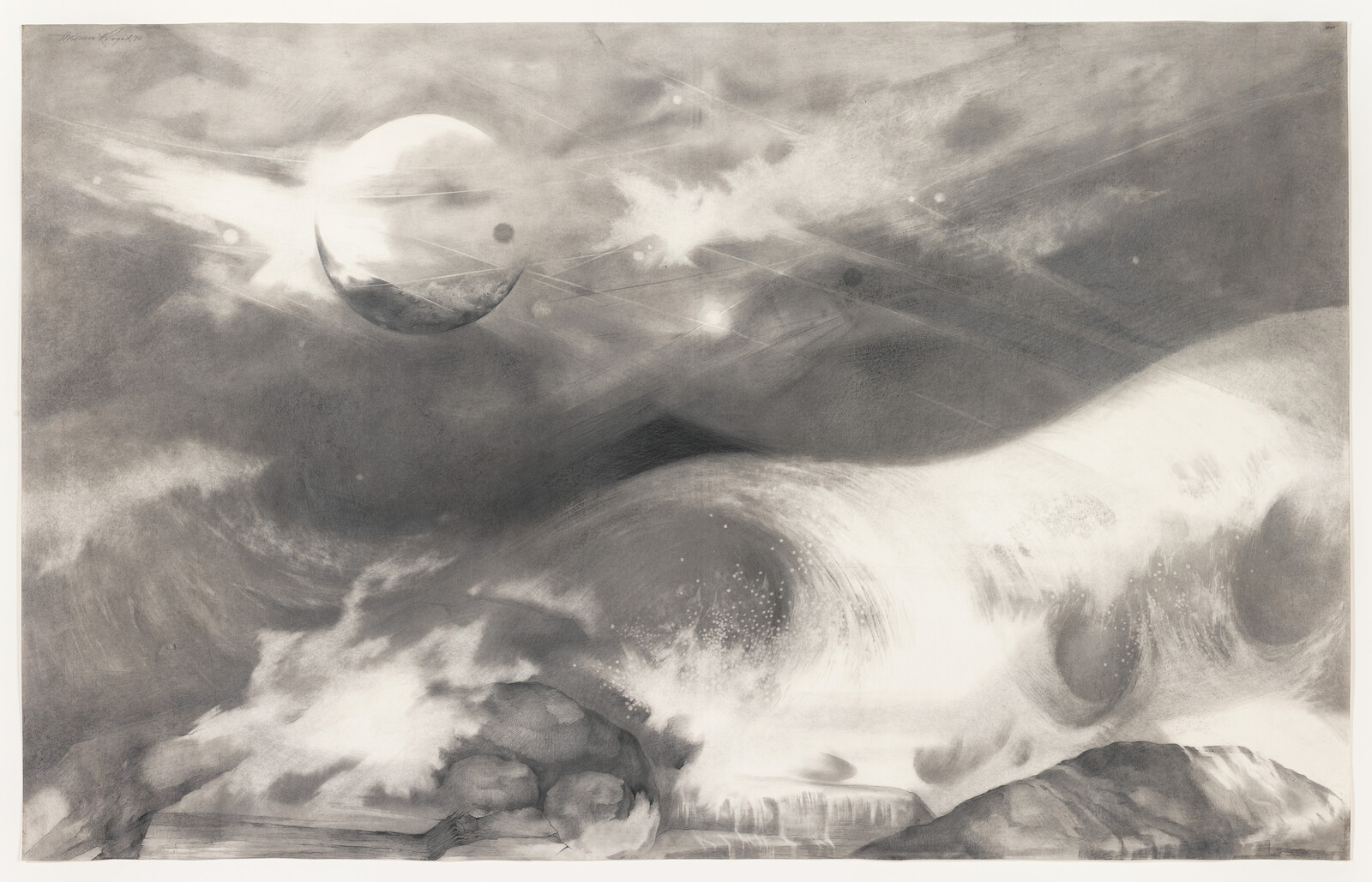 A large moon hangs over turbulent waves crashing against a rocky shore under stormy clouds.