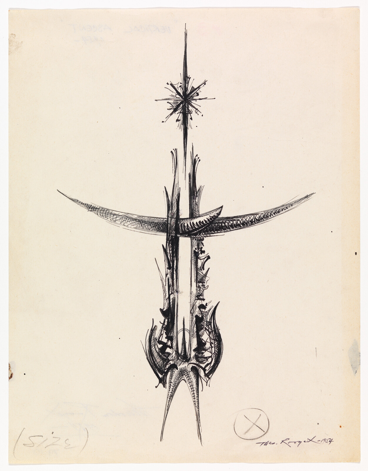 A tall ink drawing shows a vertical spiky central column with horizontal crescent bar and star.