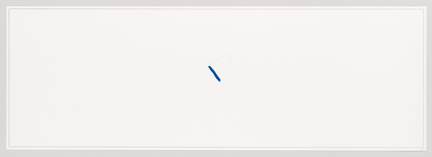 Small blue brushstroke near the center on a wide white canvas.