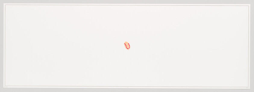 Small red-orange curved paint stroke near the center on a large white background.