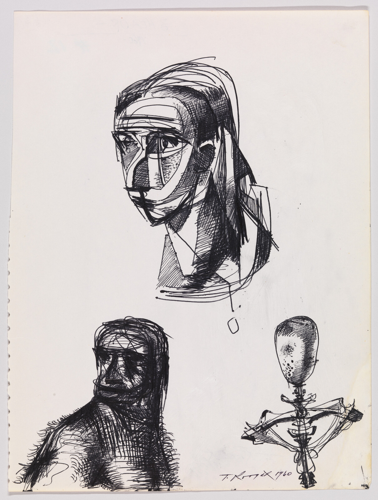 Three ink sketches showing stylized human heads and a small skeletal torso study.