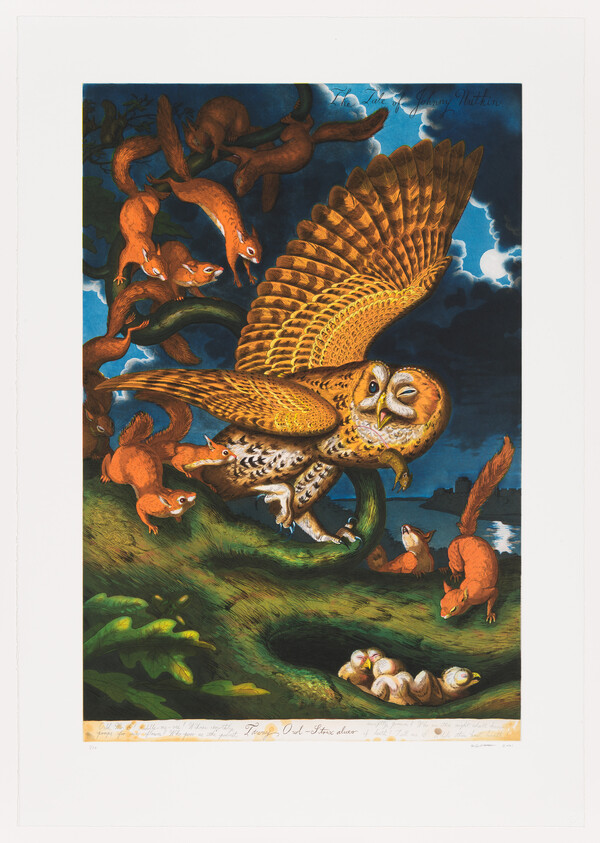 A large owl flaps away as several red squirrels mob it near a grassy nest with eggs.