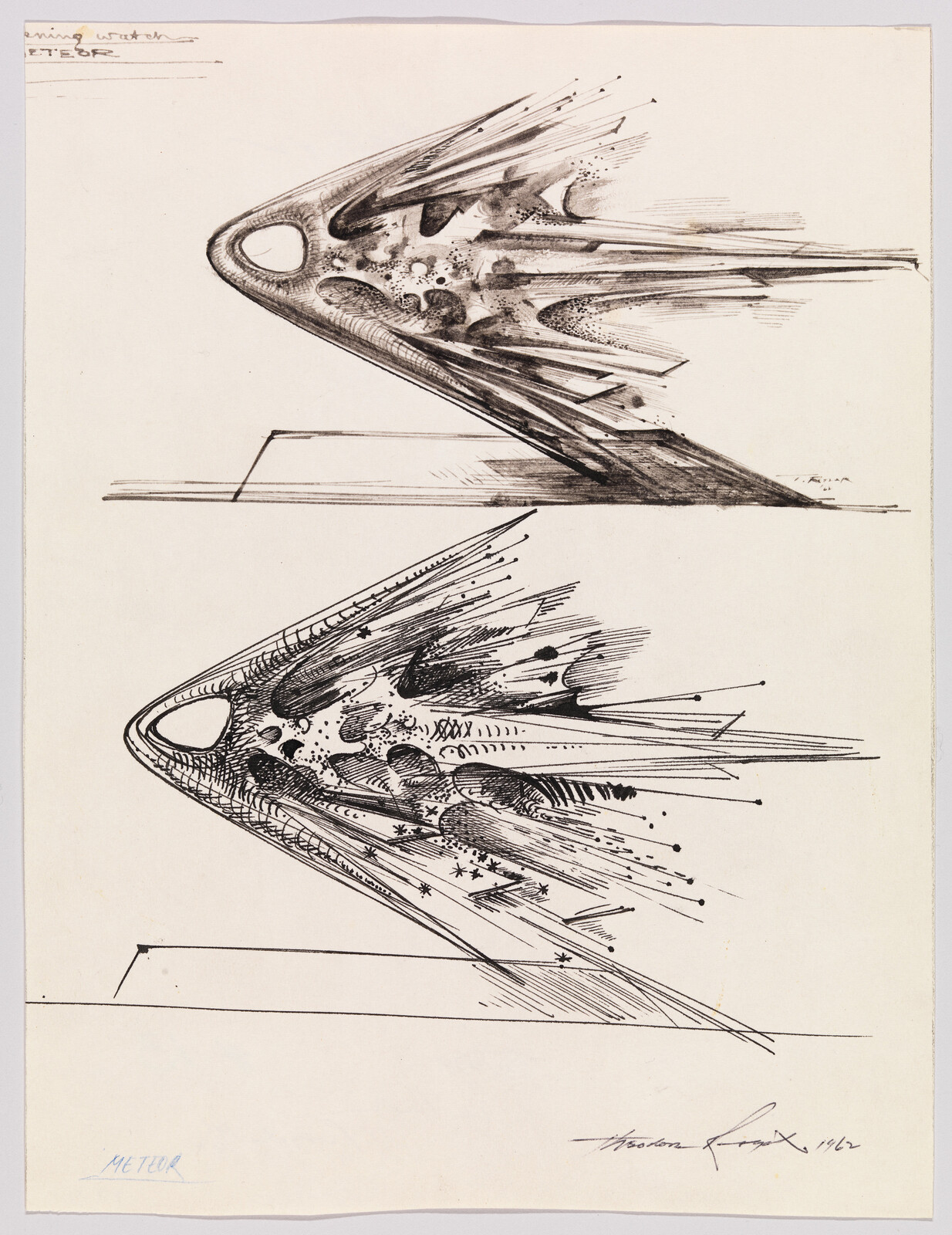 Two aerodynamic meteor sketches with trailing streaks and textured surface details.