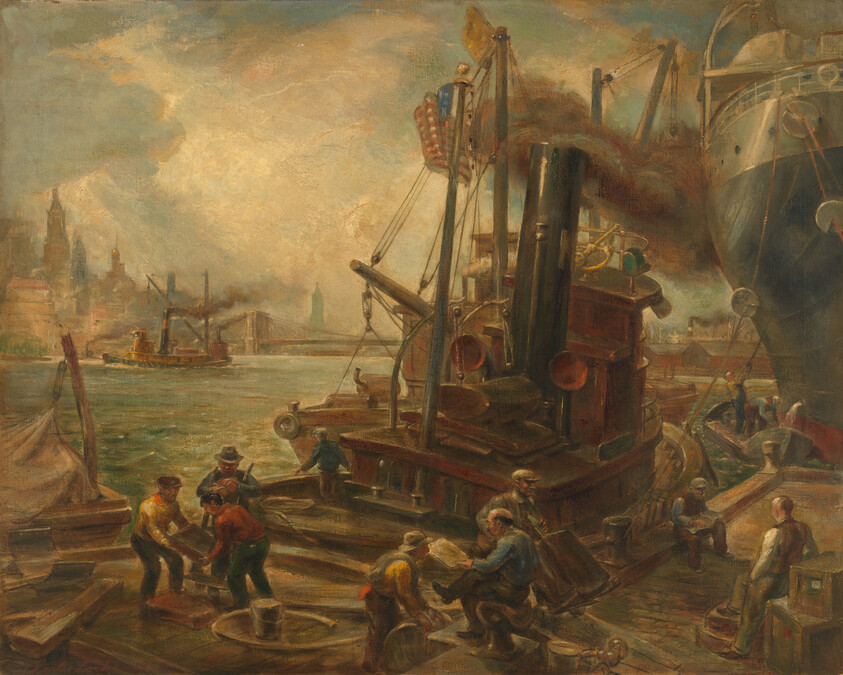 Dockworkers load and repair a steam tug beside large ships under a cloudy sky.