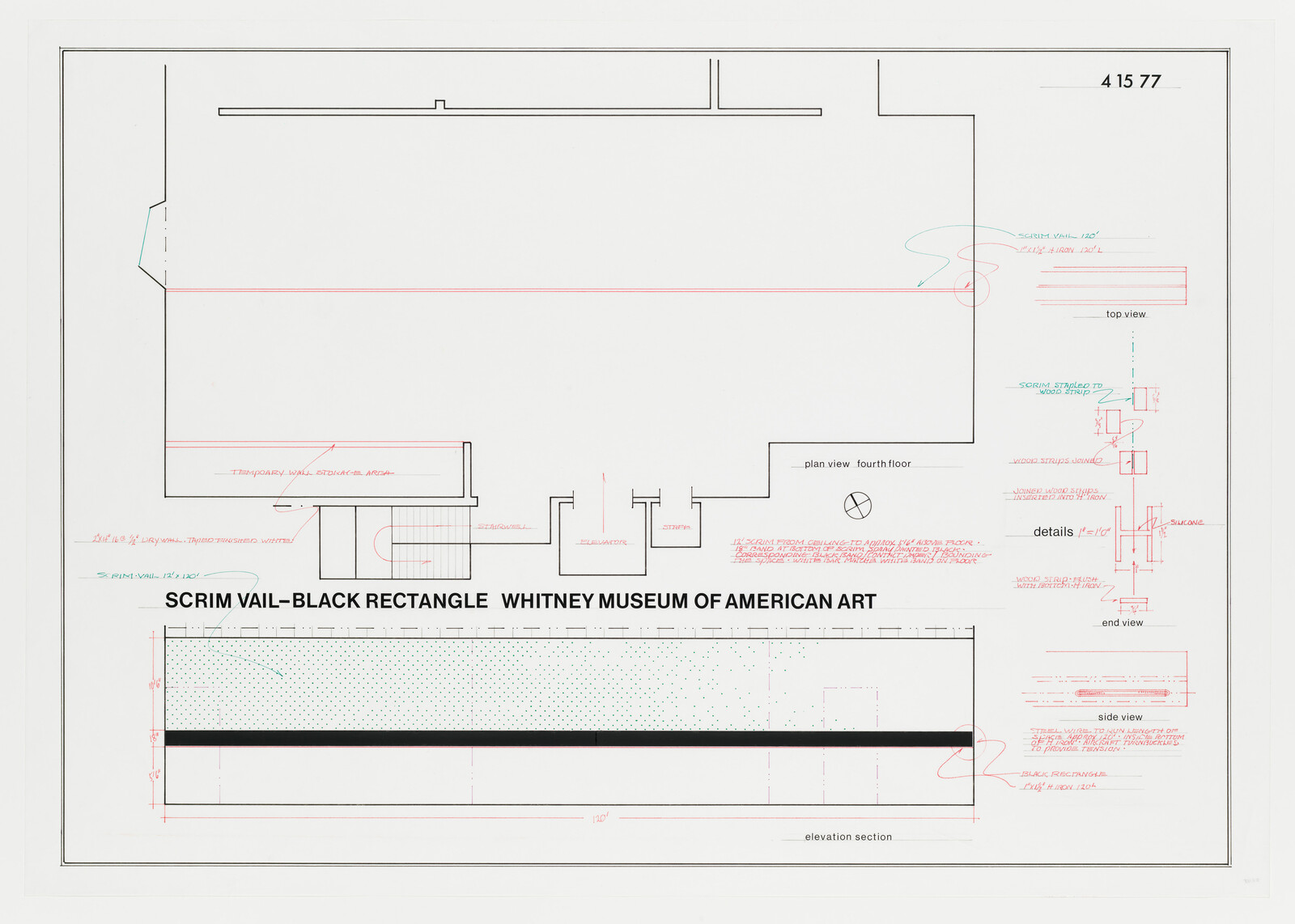 Architectural plan showing scrim veil black rectangle installation at the Whitney Museum of American Art.