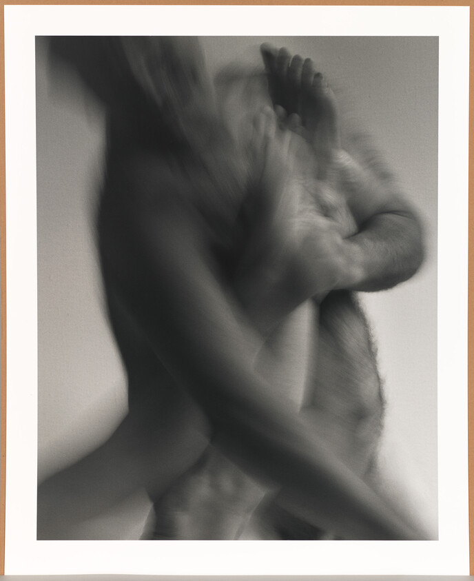 Two blurred, partially nude figures entwine in a close, motion-filled embrace.
