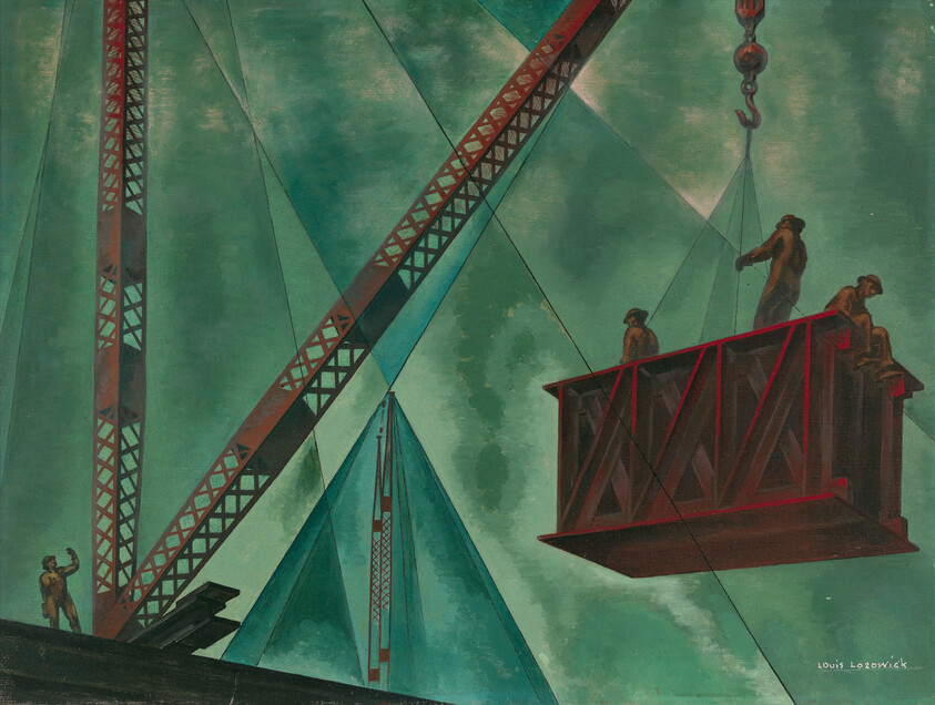 Workers on a suspended steel crate being lifted by cranes above a construction site.