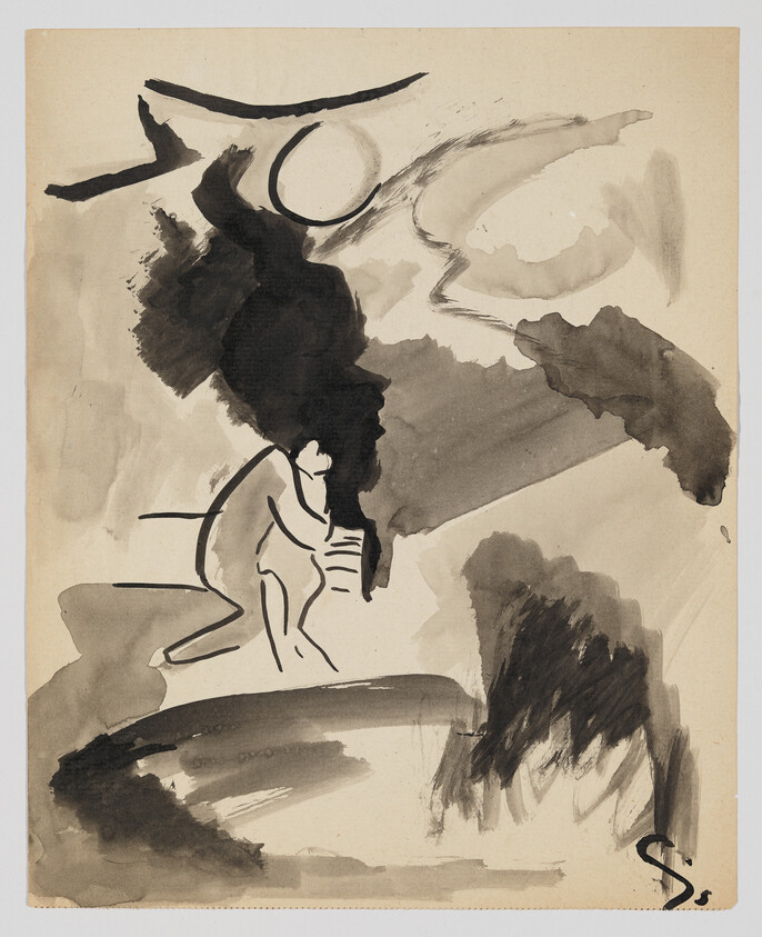 Two people sitting closely on a bench under a dark, abstract ink-wash sky.