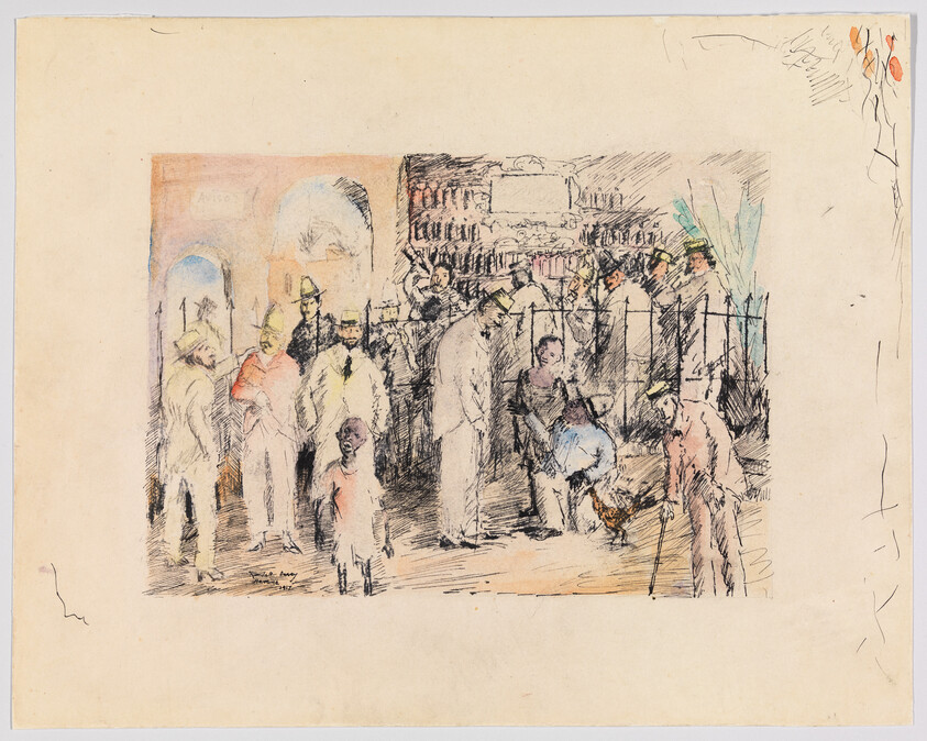 A vintage sketch depicting a bustling street scene with various figures, some in hats, walking or standing. The style is loose and impressionistic, with hints of color highlighting certain elements. The background features architectural details and signage, suggesting an urban setting. There are also some sketched flowers in the margin.