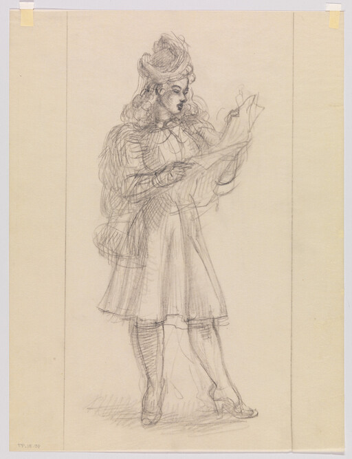 A woman in period costume stands reading a sheet of paper with focused expression.