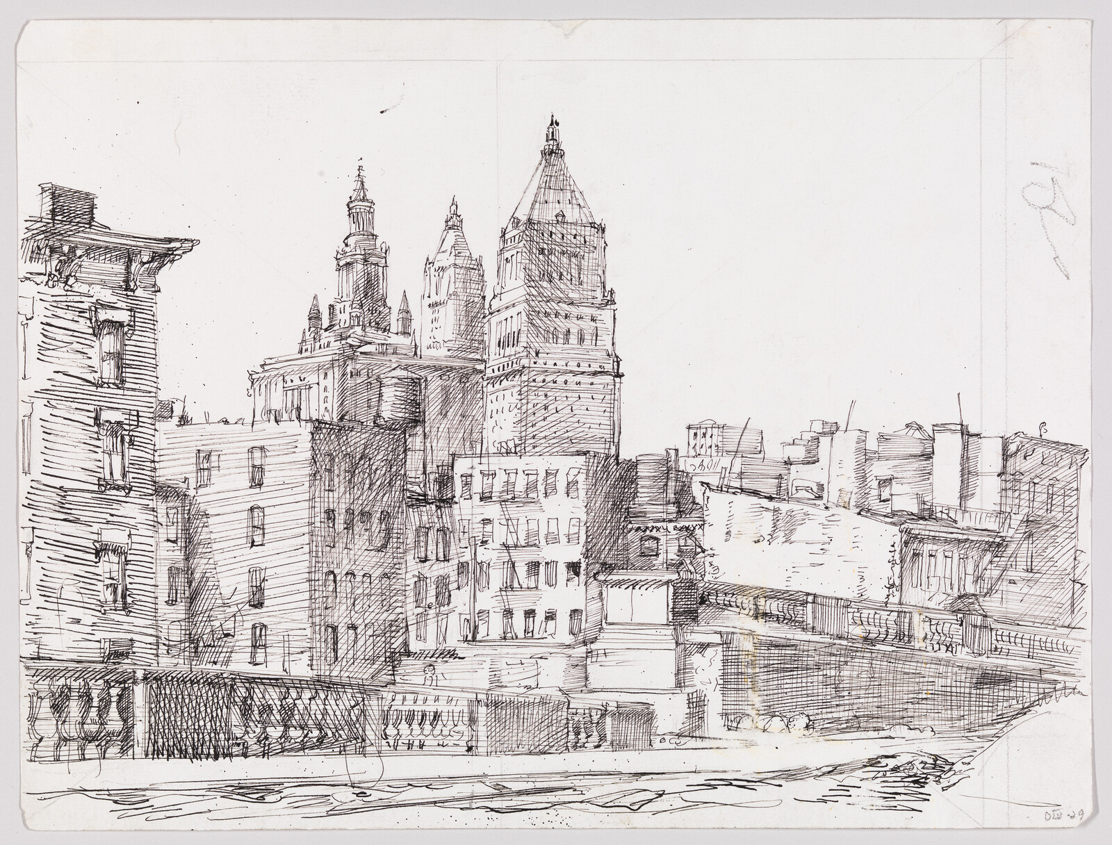 A pen-and-ink city skyline with foreground balustrade and tall ornate towers in the background.