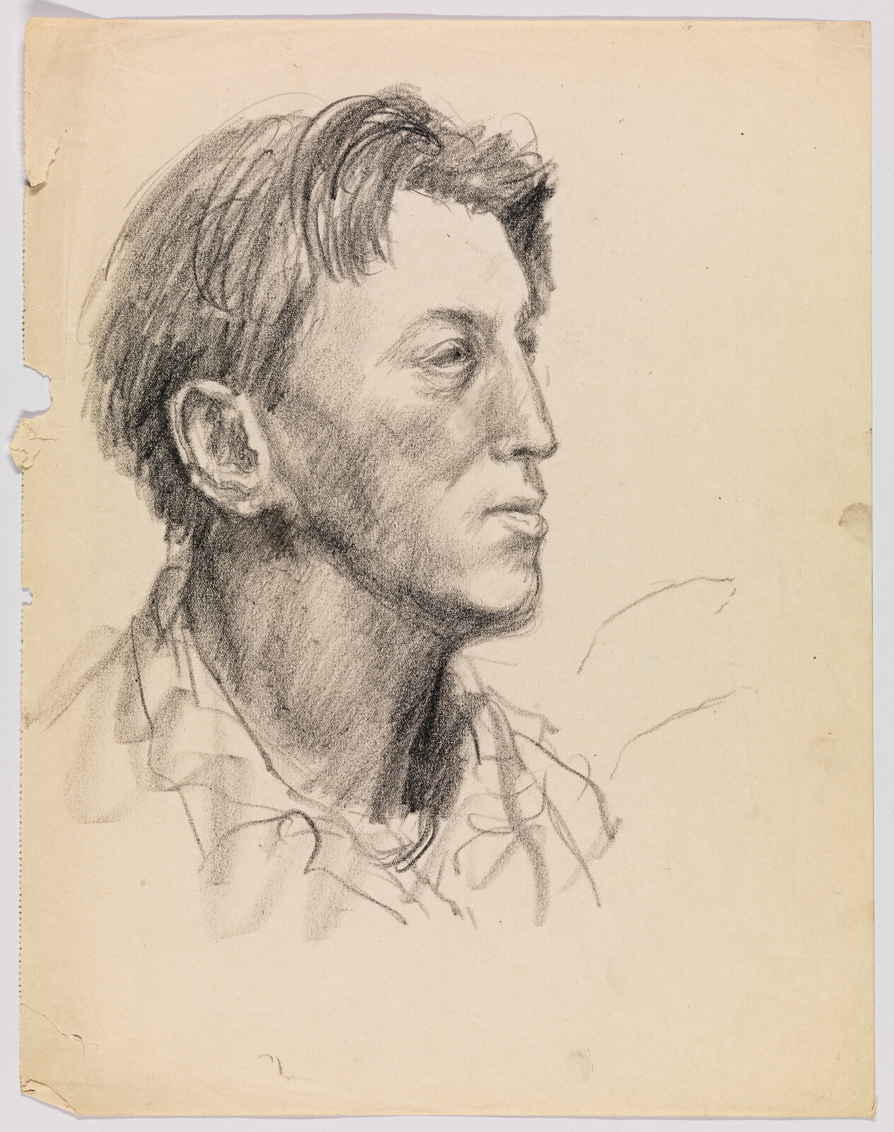A charcoal sketch of a young man in profile looking to the right with thoughtful expression.