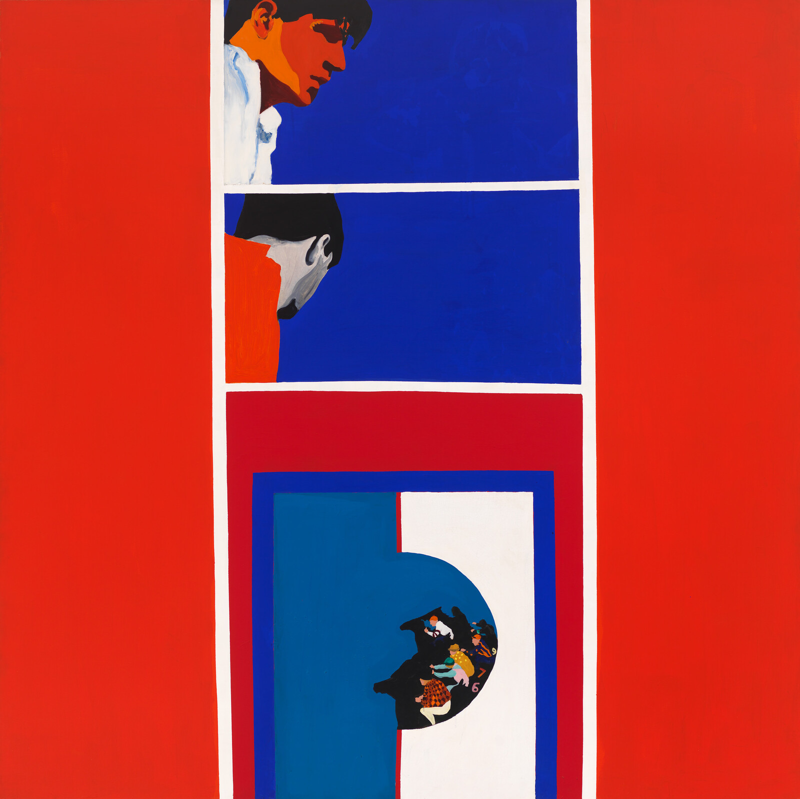 Two men lean over a multi-panel red and blue composition with small figures inside a circular cutout.