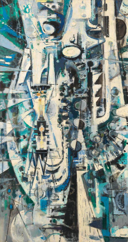 Abstract painting of overlapping brass and woodwind instruments in blue, teal, white, and black tones.